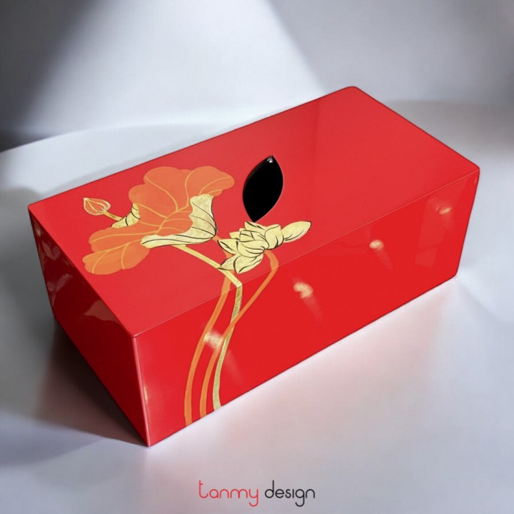 Red tissue box hand-painted with lotus  13.5*26.5*H10cm